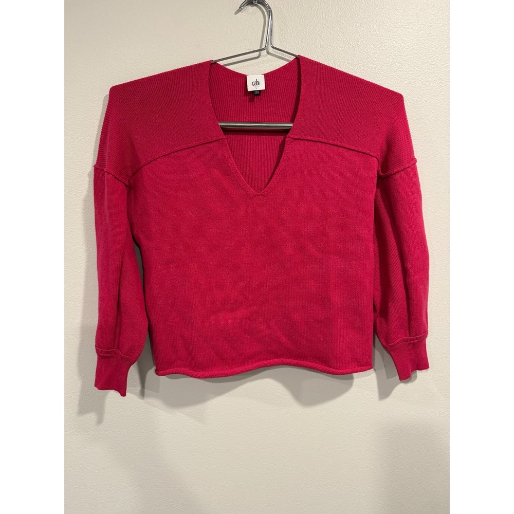 Cabi Sweater Women's Large Pink Knit Ribbed Long Sleeve V-Neck Easy Pullover